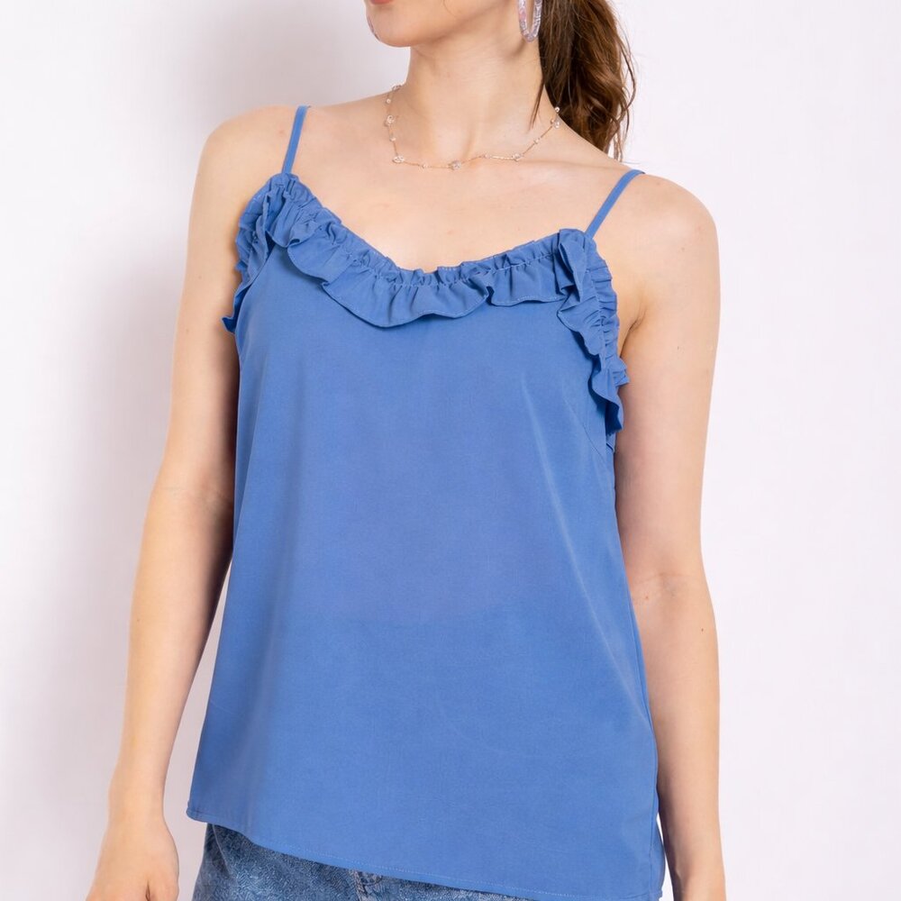 GIGIO Bright Blue Ruffle Trim Cami Top • Spaghetti Strap • Flowy Satin-Look
